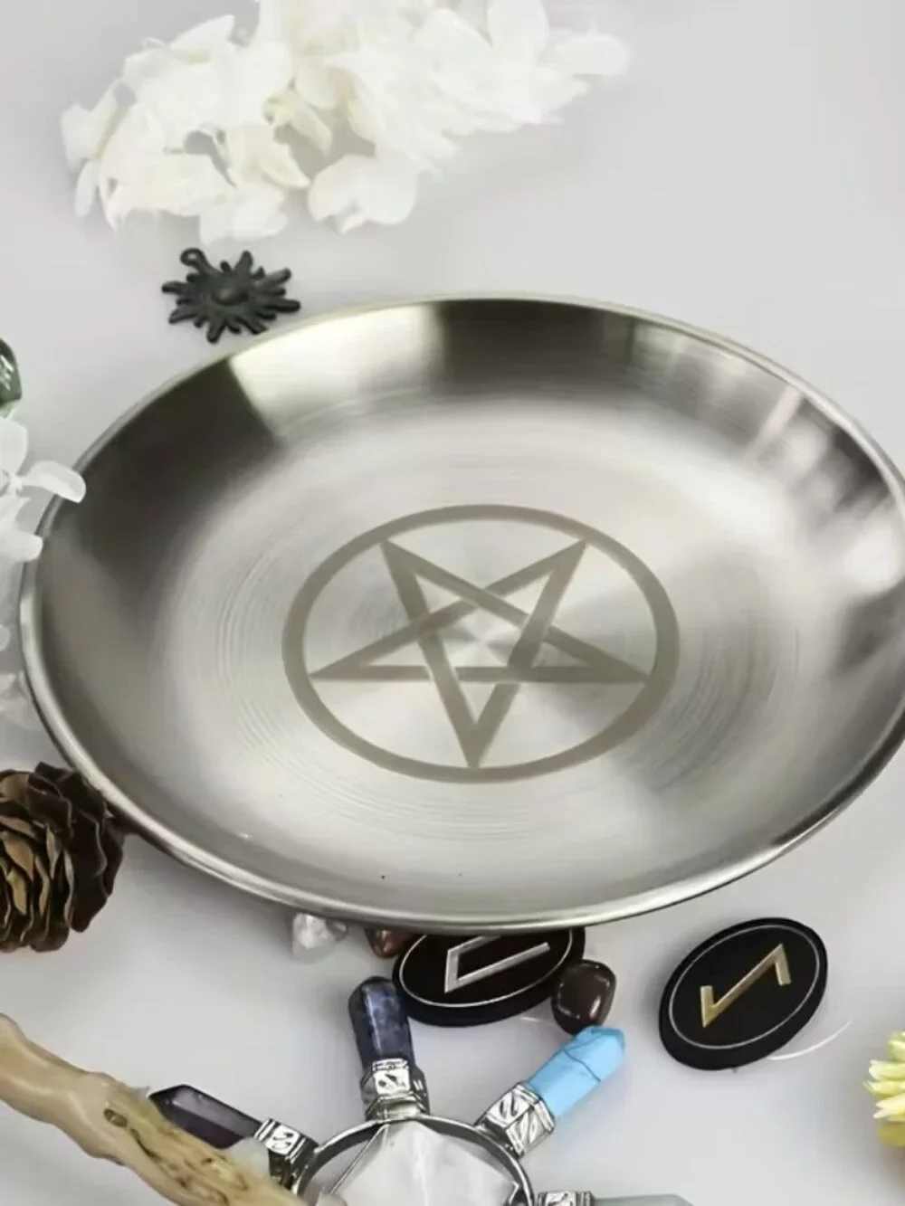Stainless Steel 5.51-Inch Silver Altar Plate Featuring a March Pentagram